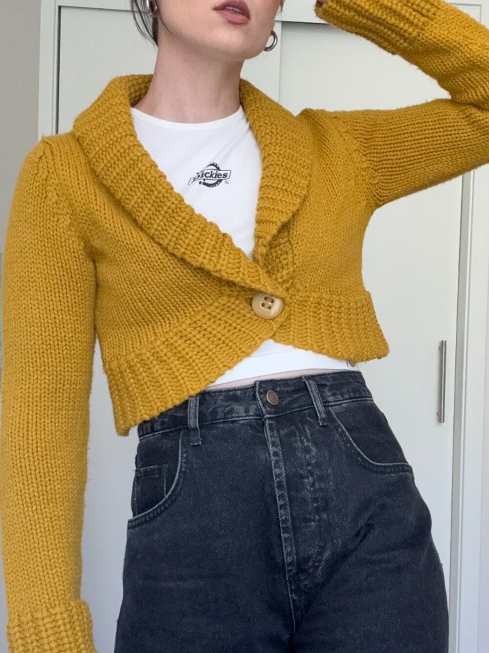 Atmosphere Mustard Chunky Knit Cropped Button Cardigan